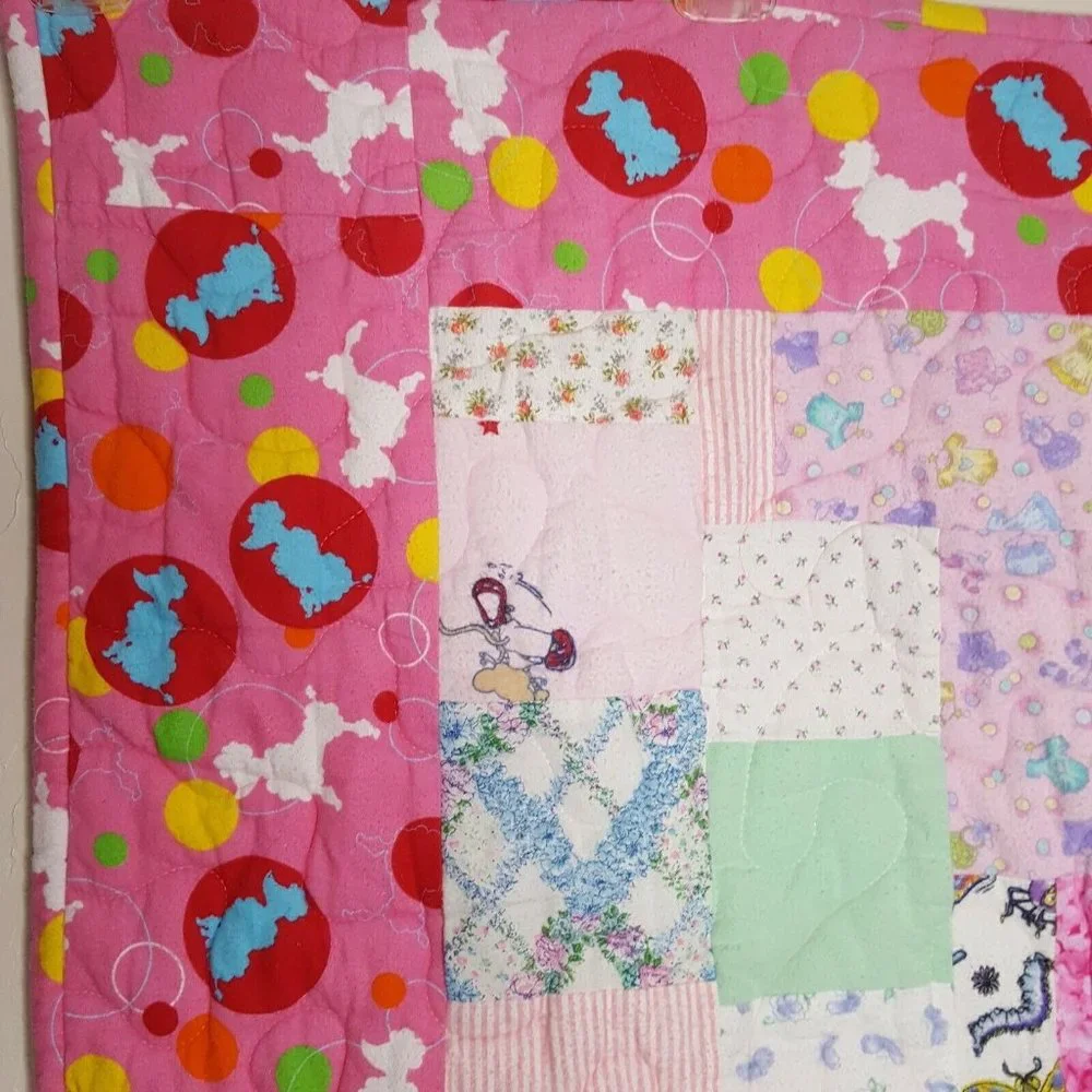 Pink White Quilted Poodle Dogs Baby Girls Blanket Security Lovey 40 x 40